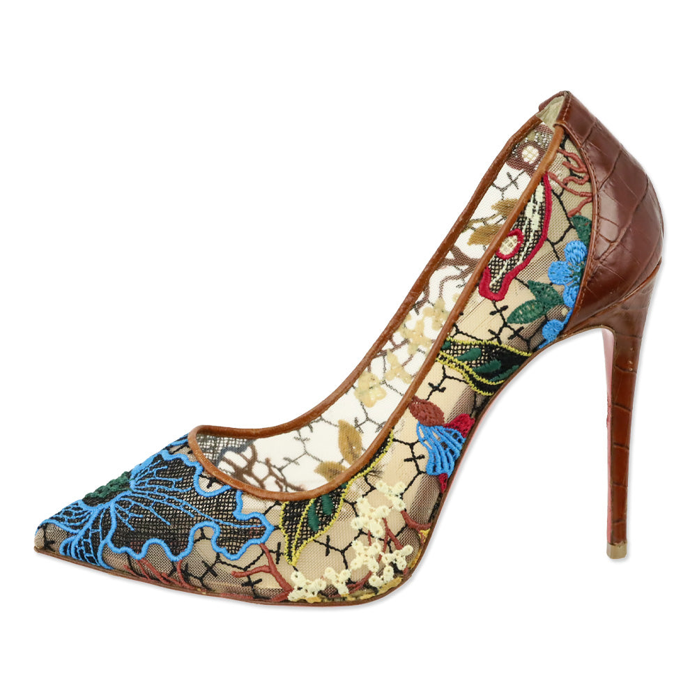 Christian Louboutin Brown Multi Floral Rete/Guip Follies Lace 100 Heels