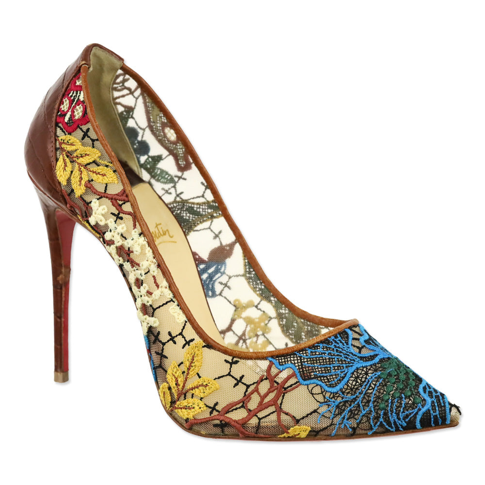 Christian Louboutin Brown Multi Floral Rete/Guip Follies Lace 100 Heels