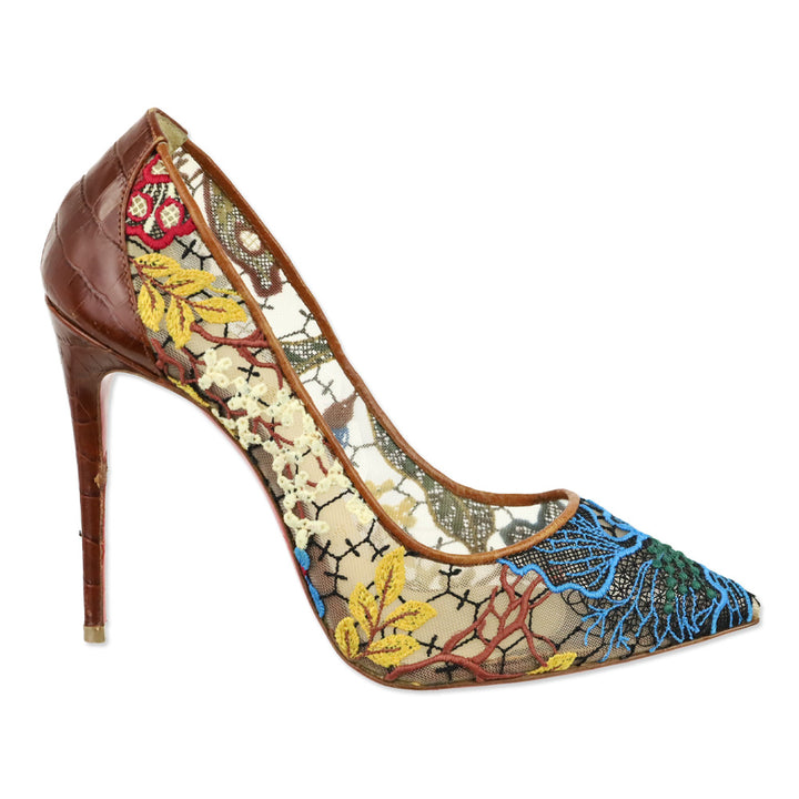 Christian Louboutin Brown Multi Floral Rete/Guip Follies Lace 100 Heels