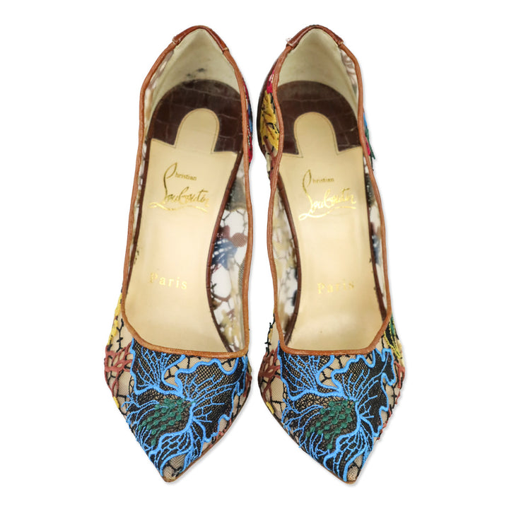 Christian Louboutin Brown Multi Floral Rete/Guip Follies Lace 100 Heels