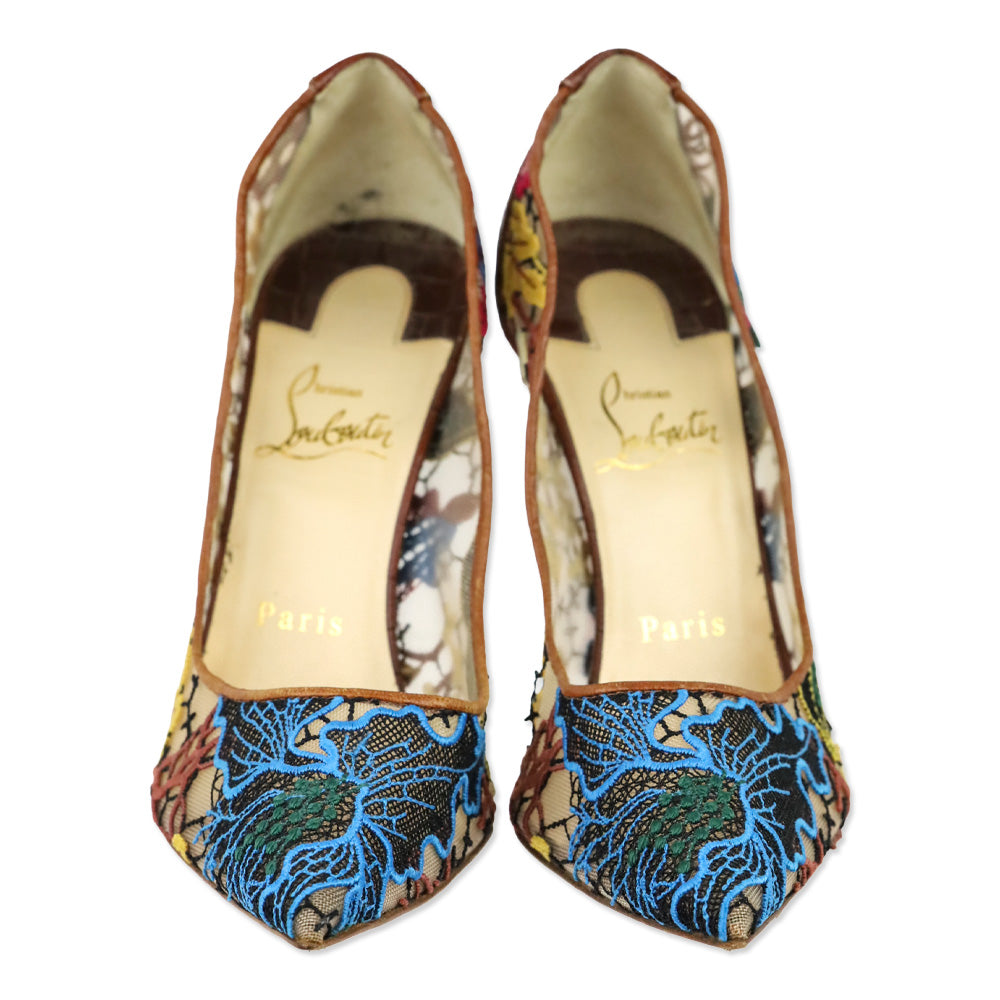 Christian Louboutin Brown Multi Floral Rete/Guip Follies Lace 100 Heels