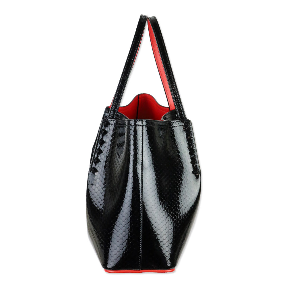 Christian Louboutin Cabarock Small Black Snake-Embossed Patent Leather Spikes Tote