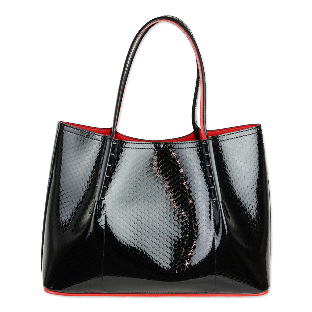 Christian Louboutin Cabarock Small Black Snake-Embossed Patent Leather Spikes Tote