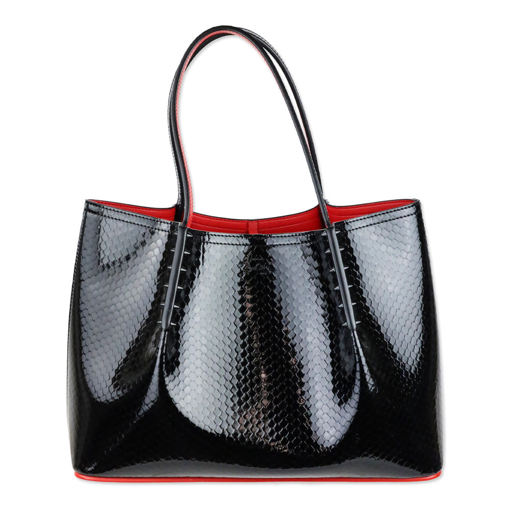Christian Louboutin Cabarock Small Black Snake-Embossed Patent Leather Spikes Tote