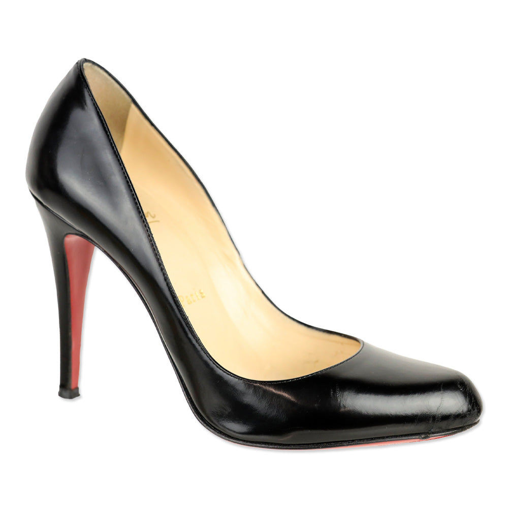 Christian Louboutin Decollete 100 Jazz Calf Black Patent Leather Almond Toe Pump