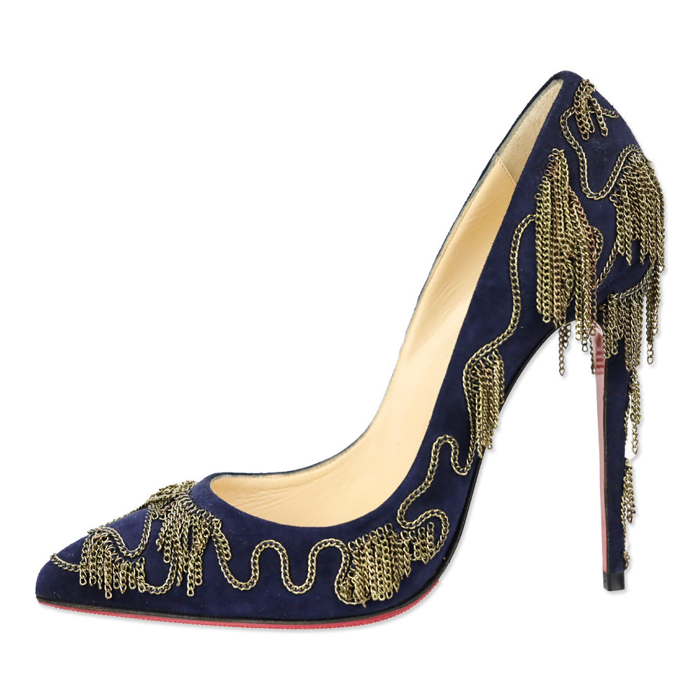 Christian Louboutin Dollyparty 120mm Suede Nuit Gold Chain Pumps
