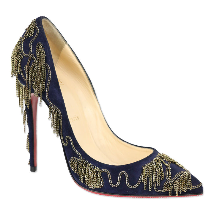 Christian Louboutin Dollyparty 120mm Suede Nuit Gold Chain Pumps