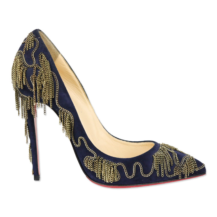 Christian Louboutin Dollyparty 120mm Suede Nuit Gold Chain Pumps