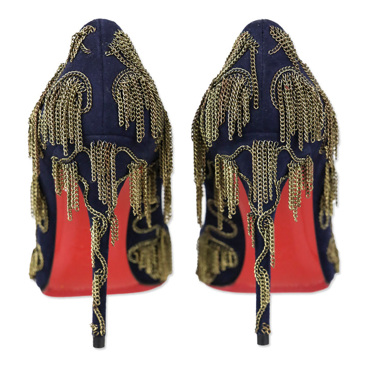 Christian Louboutin Dollyparty 120mm Suede Nuit Gold Chain Pumps