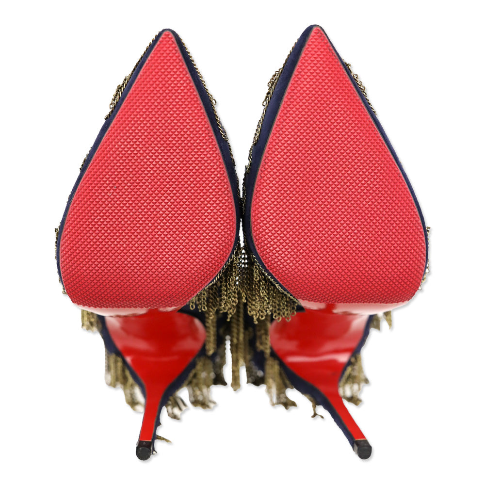 Christian Louboutin Dollyparty 120mm Suede Nuit Gold Chain Pumps