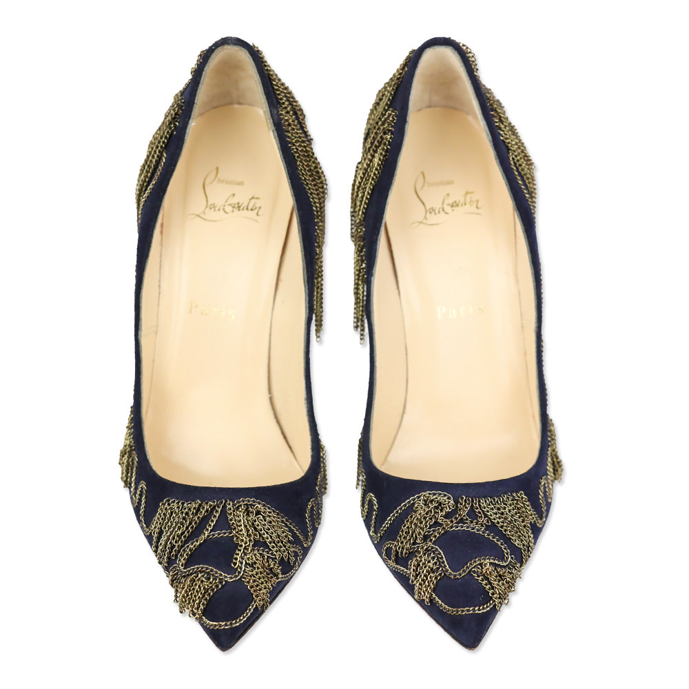 Christian Louboutin Dollyparty 120mm Suede Nuit Gold Chain Pumps