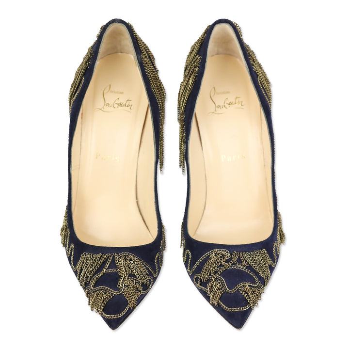 Christian Louboutin Dollyparty 120mm Suede Nuit Gold Chain Pumps