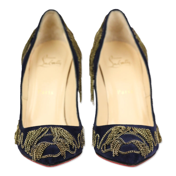 Christian Louboutin Dollyparty 120mm Suede Nuit Gold Chain Pumps