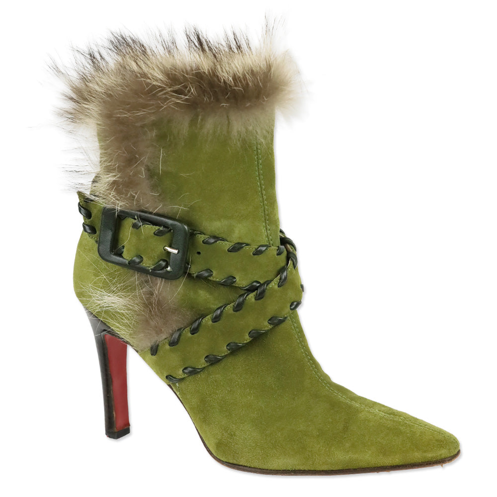 Christian Louboutin Green Suede Whipstitch Fur Volga 100 Boot