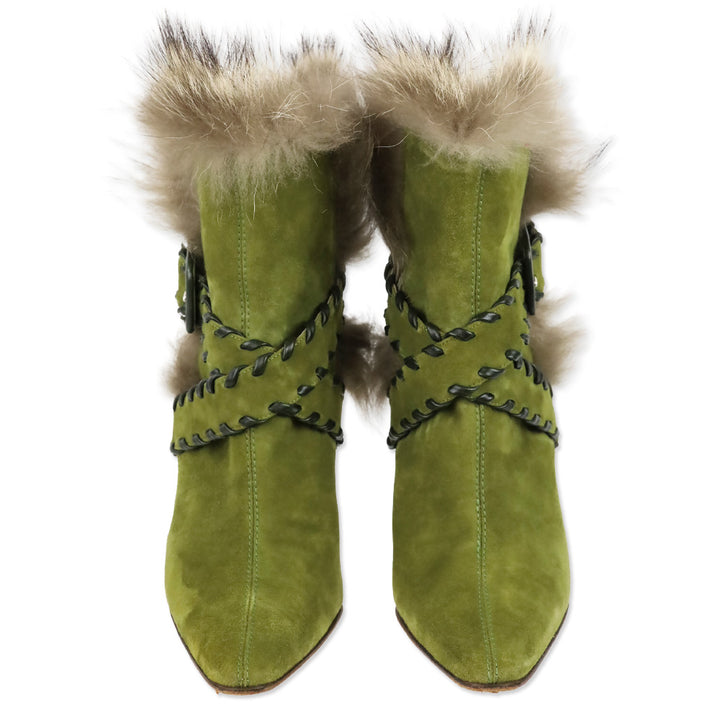 Christian Louboutin Green Suede Whipstitch Fur Volga 100 Boot