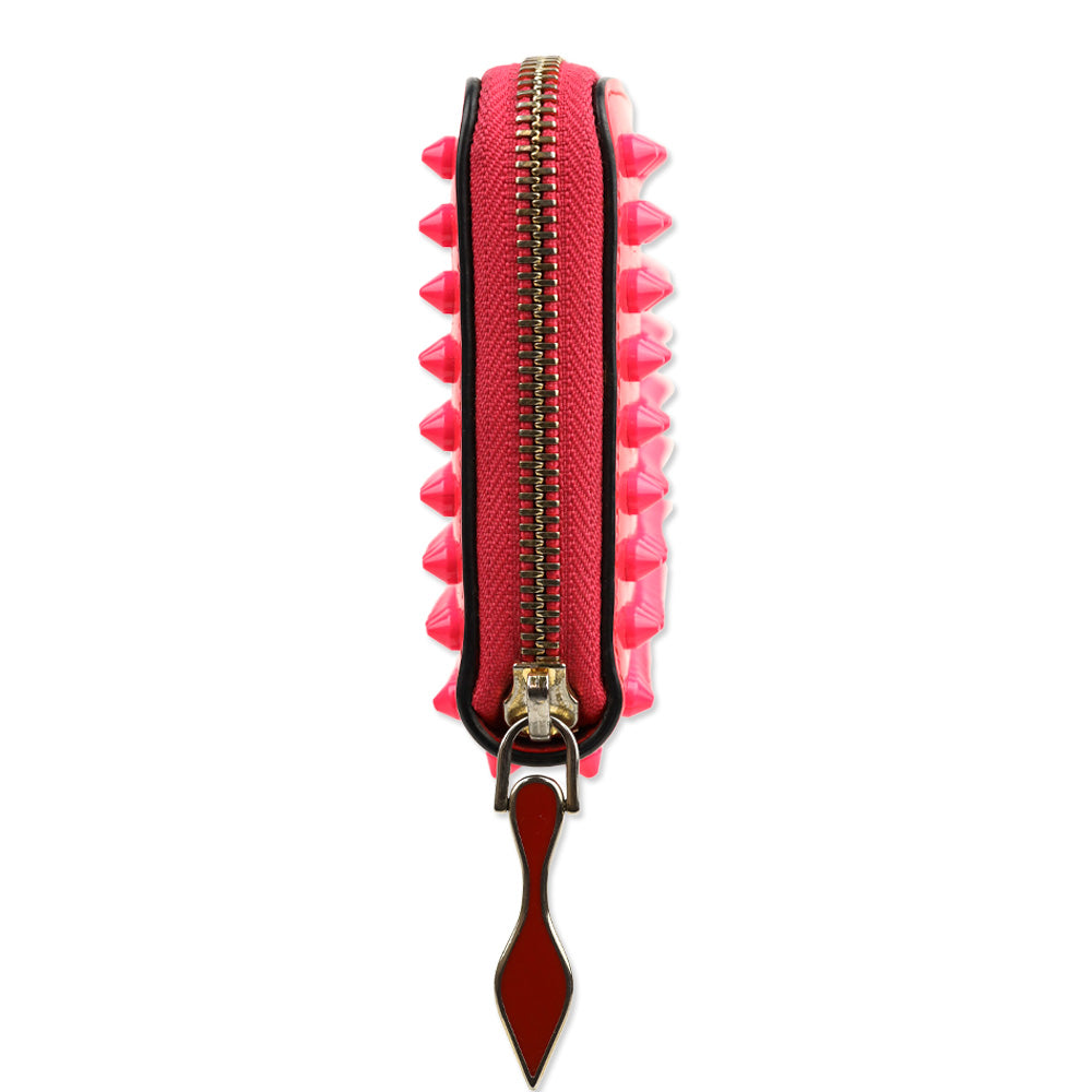 Christian Louboutin Hot Pink Spike Studded Patent Leather Long Zip Around Wallet