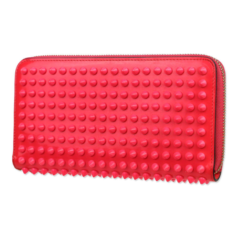 Christian Louboutin Hot Pink Spike Studded Patent Leather Long Zip Around Wallet