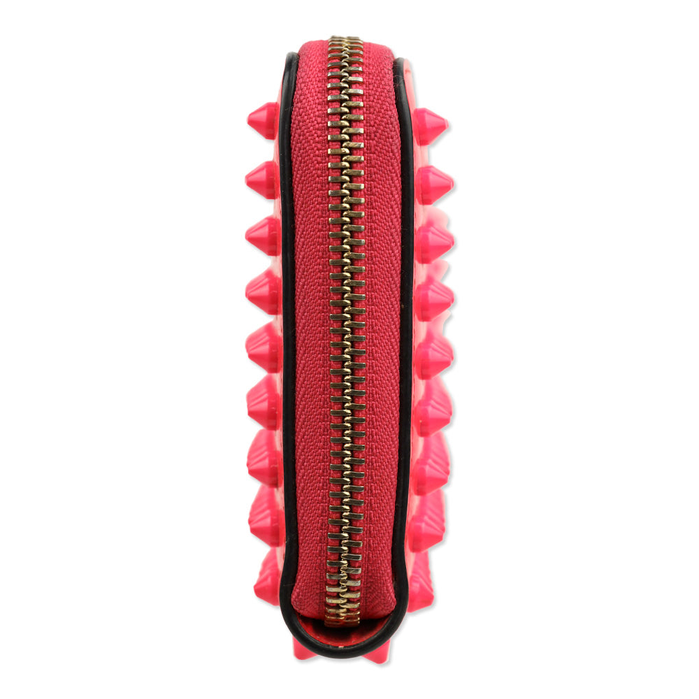 Christian Louboutin Hot Pink Spike Studded Patent Leather Long Zip Around Wallet