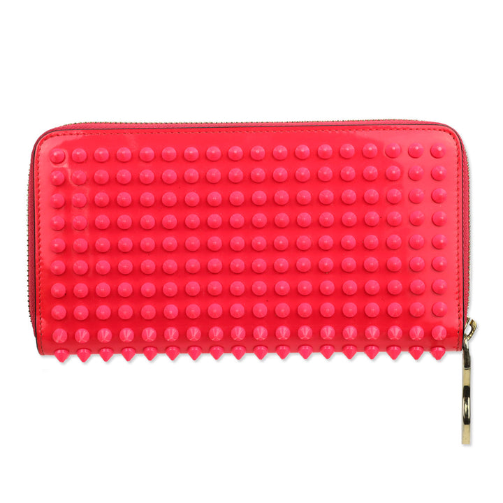 Christian Louboutin Hot Pink Spike Studded Patent Leather Long Zip Around Wallet