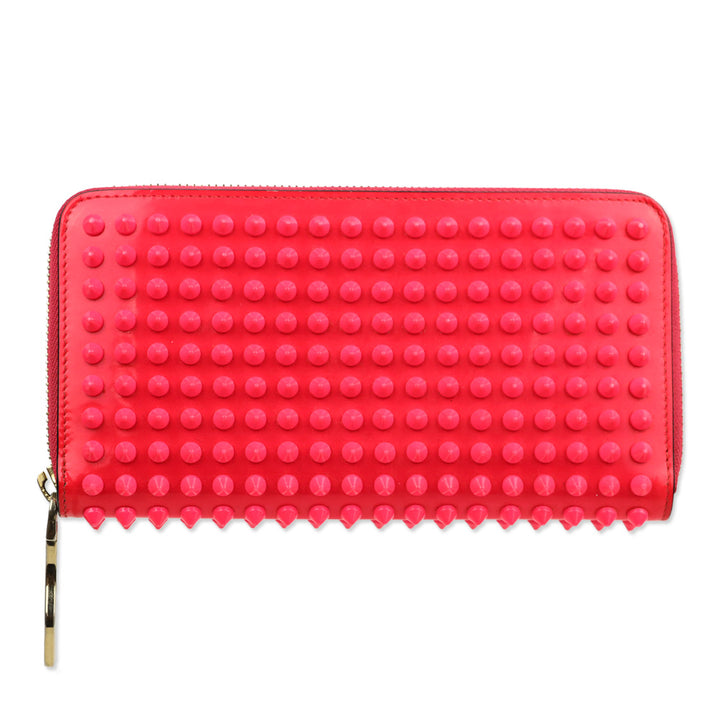 Christian Louboutin Hot Pink Spike Studded Patent Leather Long Zip Around Wallet