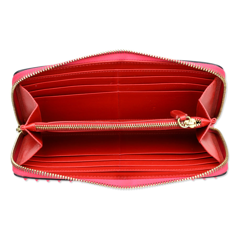 Christian Louboutin Hot Pink Spike Studded Patent Leather Long Zip Around Wallet