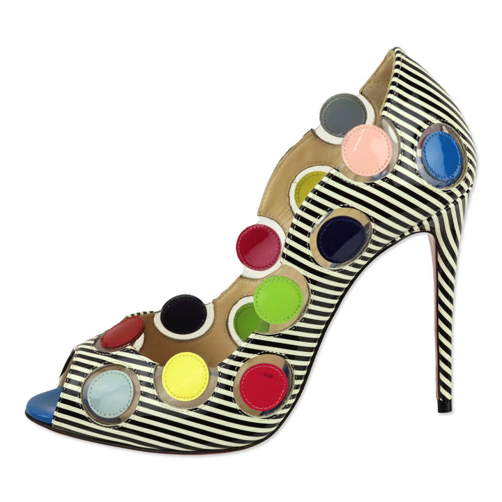 Christian Louboutin Lady Bug Polka Dot Stripes Patent/PVC Peep Toe 100 Pumps