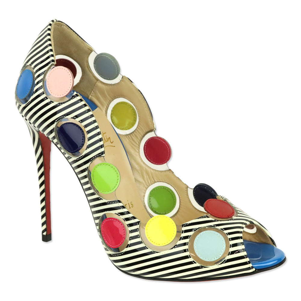Christian Louboutin Lady Bug Polka Dot Stripes Patent/PVC Peep Toe 100 Pumps