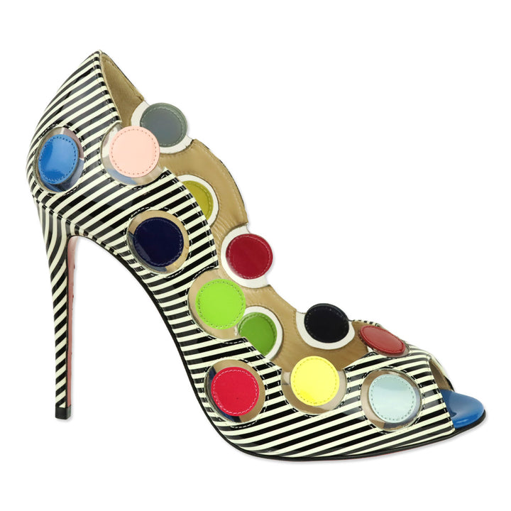 Christian Louboutin Lady Bug Polka Dot Stripes Patent/PVC Peep Toe 100 Pumps