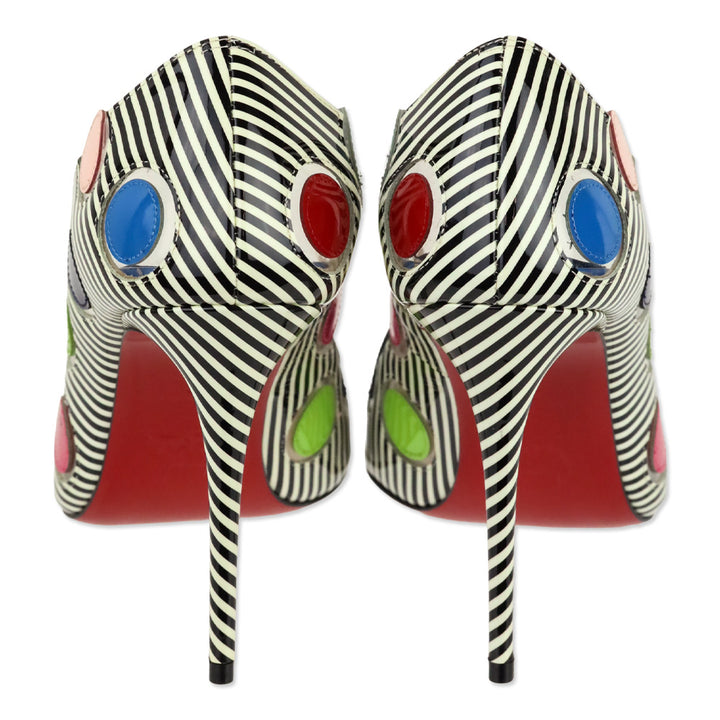 Christian Louboutin Lady Bug Polka Dot Stripes Patent/PVC Peep Toe 100 Pumps