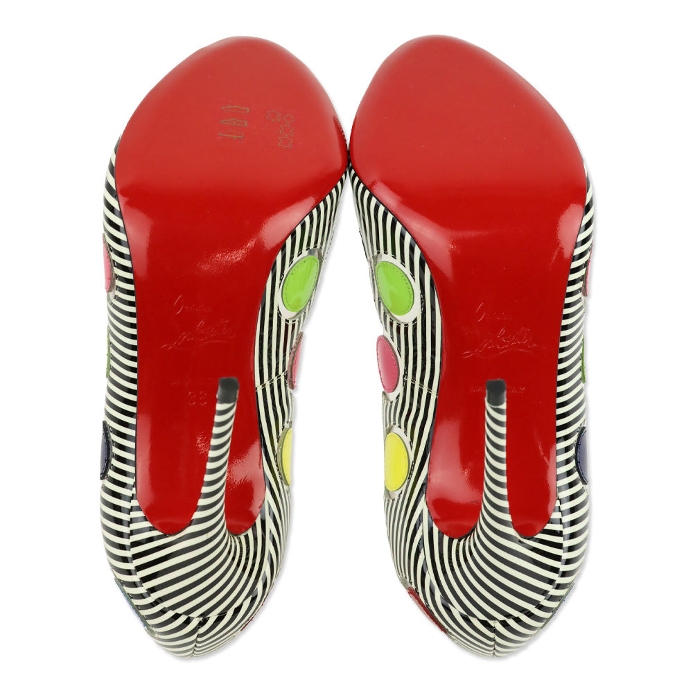 Christian Louboutin Lady Bug Polka Dot Stripes Patent/PVC Peep Toe 100 Pumps