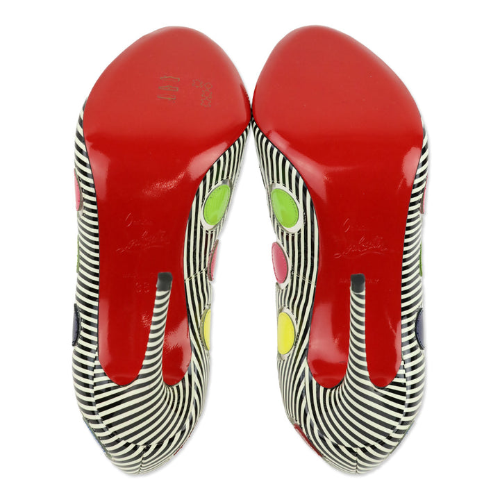 Christian Louboutin Lady Bug Polka Dot Stripes Patent/PVC Peep Toe 100 Pumps