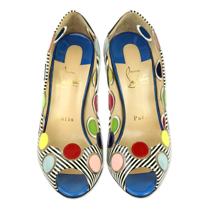 Christian Louboutin Lady Bug Polka Dot Stripes Patent/PVC Peep Toe 100 Pumps