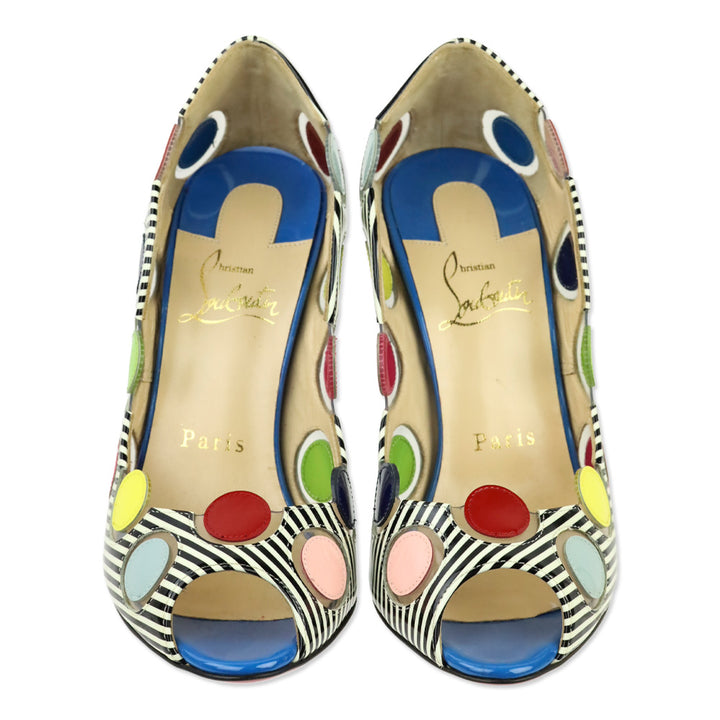 Christian Louboutin Lady Bug Polka Dot Stripes Patent/PVC Peep Toe 100 Pumps