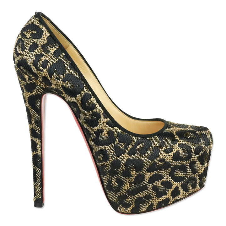 Christian Louboutin Leopard Print Woven Raffia Daffodile 160 Platform Pumps