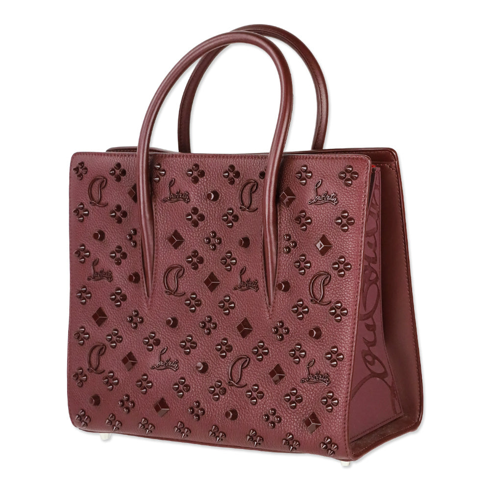 Christian Louboutin Medium Paloma Burgundy Grained Calf Leather and Spikes Loubinthesky Top Handle Bag