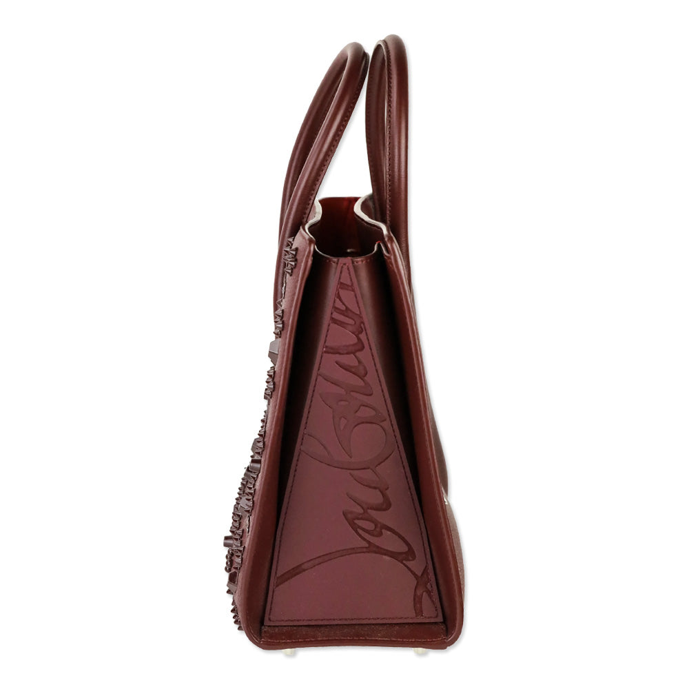 Christian Louboutin Medium Paloma Burgundy Grained Calf Leather and Spikes Loubinthesky Top Handle Bag