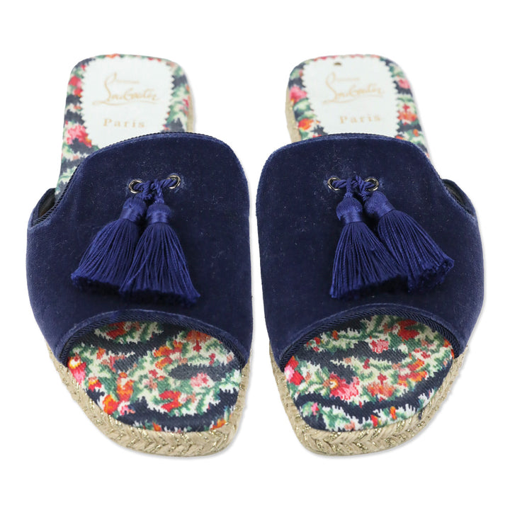 Christian Louboutin Navy Blue Velvet Pacha Tassel Flat Espadrille Sandals