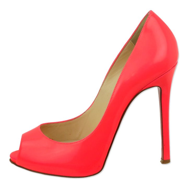 Christian Louboutin Neon Pink Patent Leather Flo 120 Peep Toe Pumps