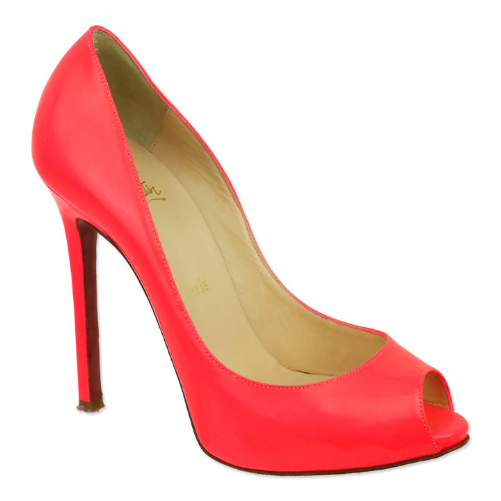 Christian Louboutin Neon Pink Patent Leather Flo 120 Peep Toe Pumps