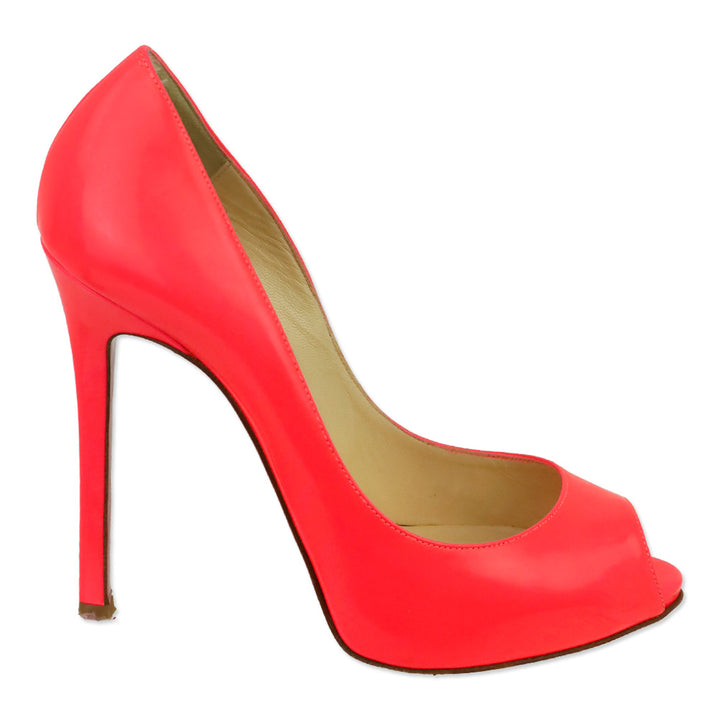 Christian Louboutin Neon Pink Patent Leather Flo 120 Peep Toe Pumps
