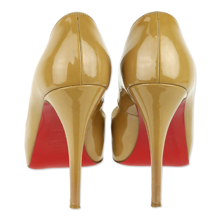 Christian Louboutin New Very Privé Camel Patent Calf 120 mm Open Toe Platform Pumps