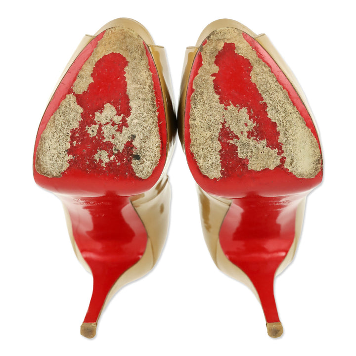 Christian Louboutin New Very Privé Camel Patent Calf 120 mm Open Toe Platform Pumps