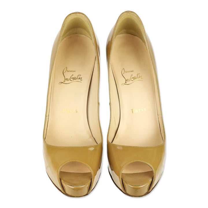 Christian Louboutin New Very Privé Camel Patent Calf 120 mm Open Toe Platform Pumps