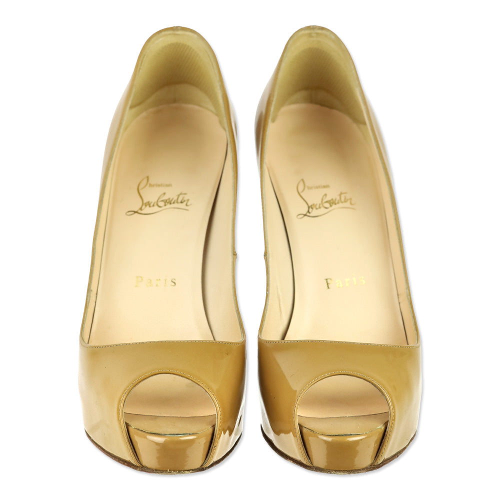 Christian Louboutin New Very Privé Camel Patent Calf 120 mm Open Toe Platform Pumps