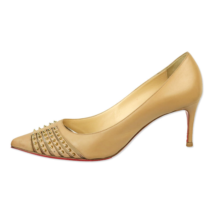 Christian Louboutin Nude Kid Light Gold Spike Bareta 70 Pumps