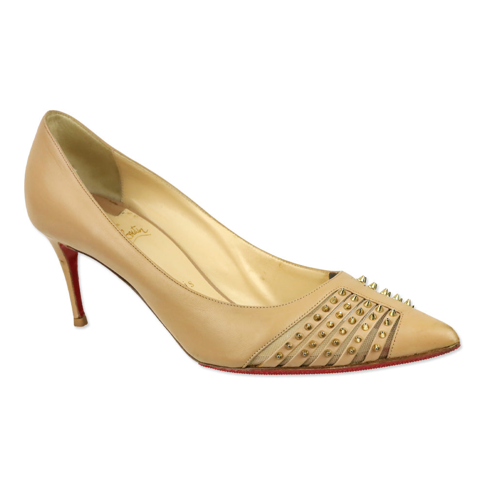 Christian Louboutin Nude Kid Light Gold Spike Bareta 70 Pumps