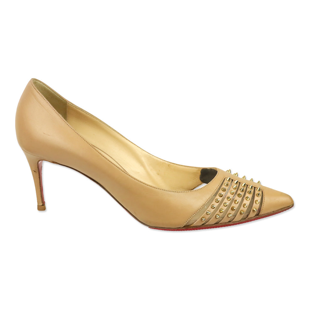 Christian Louboutin Nude Kid Light Gold Spike Bareta 70 Pumps