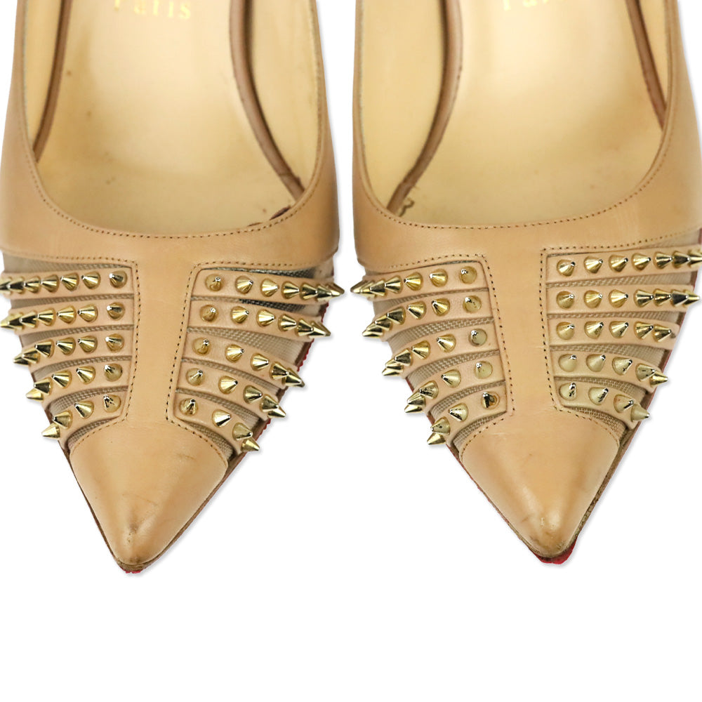Christian Louboutin Nude Kid Light Gold Spike Bareta 70 Pumps