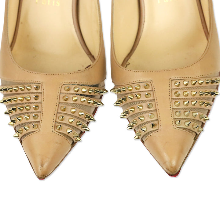 Christian Louboutin Nude Kid Light Gold Spike Bareta 70 Pumps