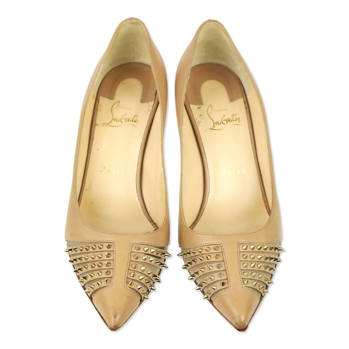 Christian Louboutin Nude Kid Light Gold Spike Bareta 70 Pumps